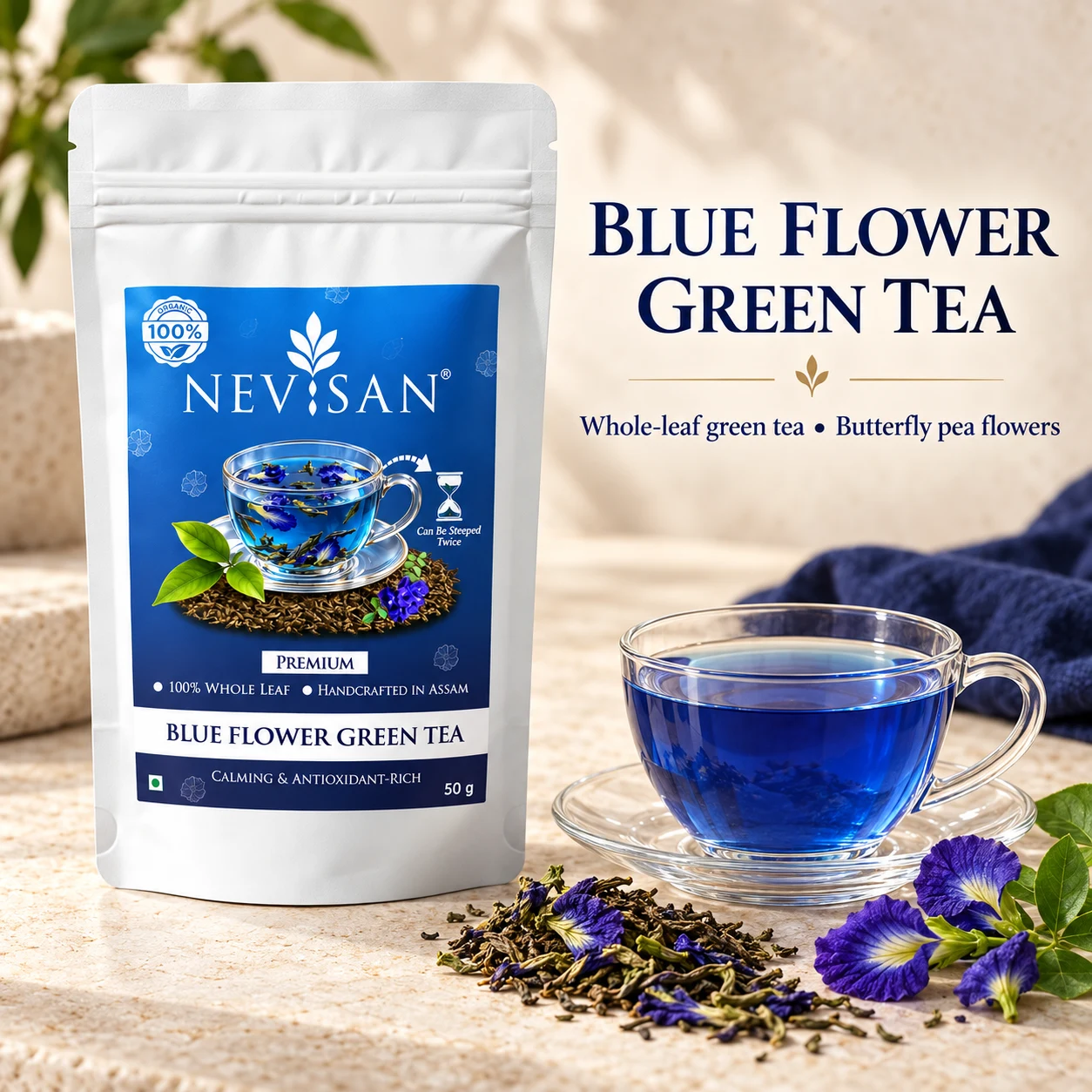 Butterfly pea flowers and whole-leaf green tea