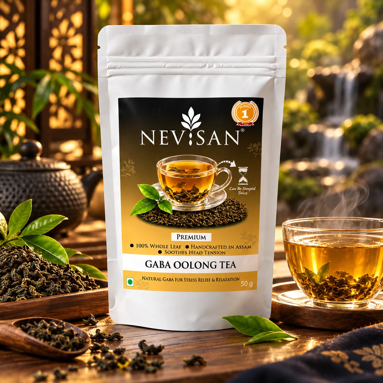 GABA Oolong Tea — pouch and tea scene